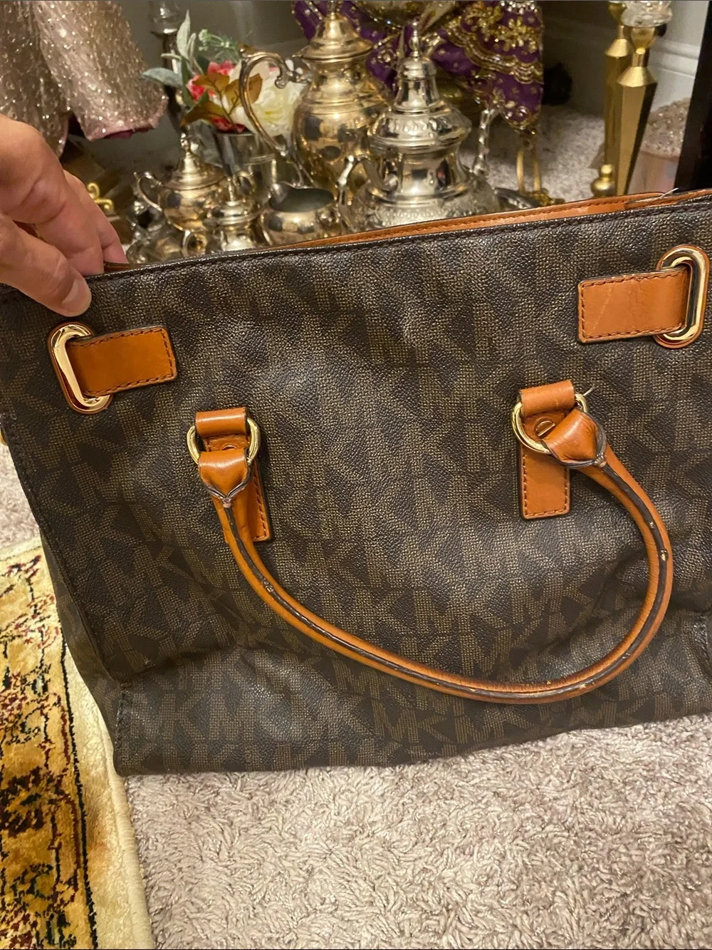Michael Kors Brown and Tan Monogram Tote with Gold Hardware large Hamilton